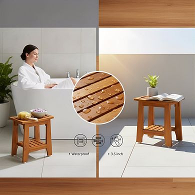 14" Teak Bath Stool with Shelf Handle, Non-Slip Waterproof 300 lbs