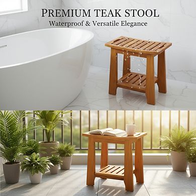 14" Teak Bath Stool with Shelf Handle, Non-Slip Waterproof 300 lbs