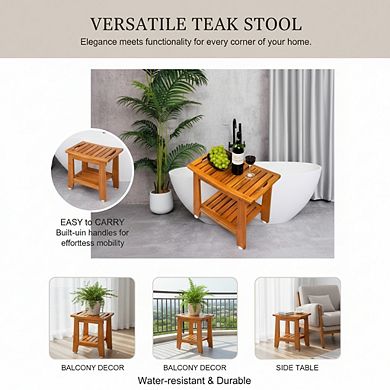 14" Teak Bath Stool with Shelf Handle, Non-Slip Waterproof 300 lbs