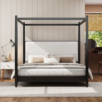 Merax Platform Bed with Upholstery Headboard,with Wooden Slat Support Legs