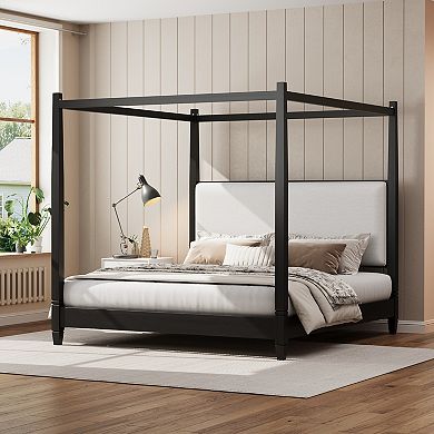 Merax Platform Bed with Upholstery Headboard,with Wooden Slat Support Legs