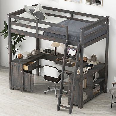 Merax Full Size Loft Bed with U-shaped Desk, Drawers and Storage Shelves