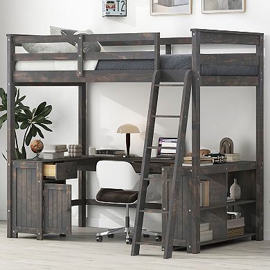 Merax Full Size Loft Bed with U-shaped Desk, Drawers and Storage Shelves