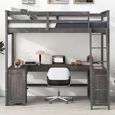Merax Full Size Loft Bed with U-shaped Desk, Drawers and Storage Shelves