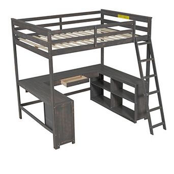 Merax Full Size Loft Bed with U-shaped Desk, Drawers and Storage Shelves