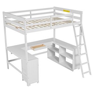 Merax Full Size Loft Bed with U-shaped Desk, Drawers and Storage Shelves