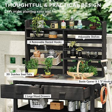 Merax 64.9"H Outdoor Potting Bench Table with Lockable Wheels