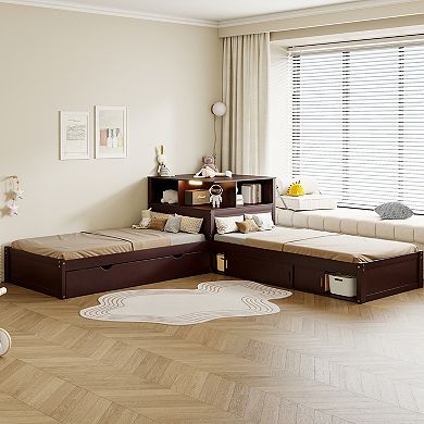 Merax Twin Size L-Shaped Platform Bed with Storage Cabinets