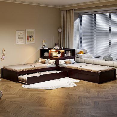 Merax Twin Size L-Shaped Platform Bed with Storage Cabinets