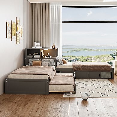 Merax Twin Size L-Shaped Platform Bed with Storage Cabinets