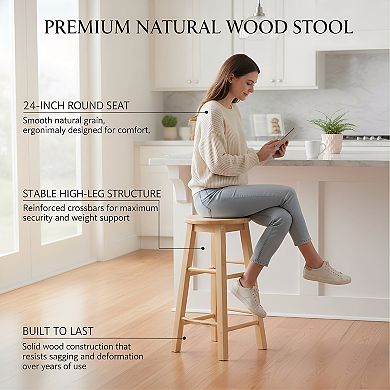 Natural Wood Barstool 24 Inch, Round Seat for Kitchen Counter