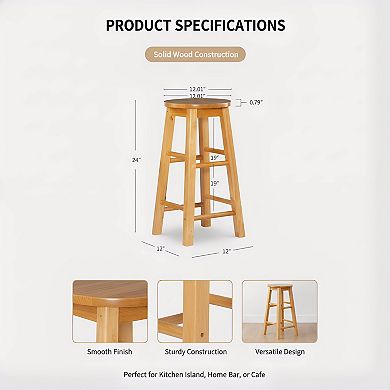 Natural Wood Barstool 24 Inch, Round Seat for Kitchen Counter