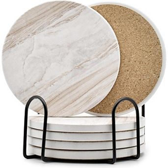 Absorbent Ceramic Drink Coasters 6-Pack with Holder, Marble Style 4 Inch for Home