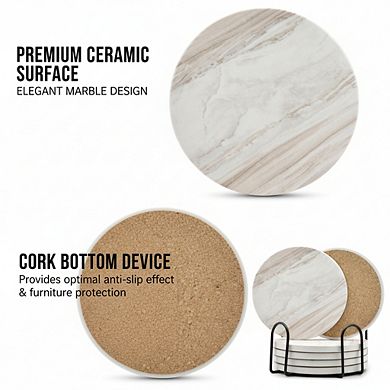 Absorbent Ceramic Drink Coasters 6-Pack with Holder, Marble Style 4 Inch for Home