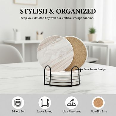 Absorbent Ceramic Drink Coasters 6-Pack with Holder, Marble Style 4 Inch for Home