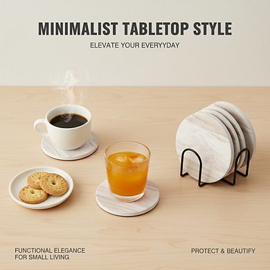 Absorbent Ceramic Drink Coasters 6-Pack with Holder, Marble Style 4 Inch for Home