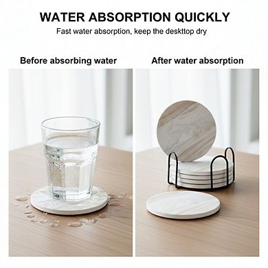 Absorbent Ceramic Drink Coasters 6-Pack with Holder, Marble Style 4 Inch for Home