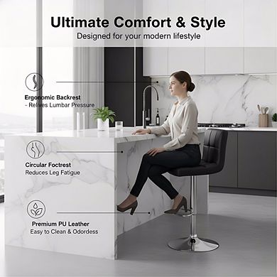 Adjustable PU Leather Swivel Bar Stool, Black with Back Footrest for Counter
