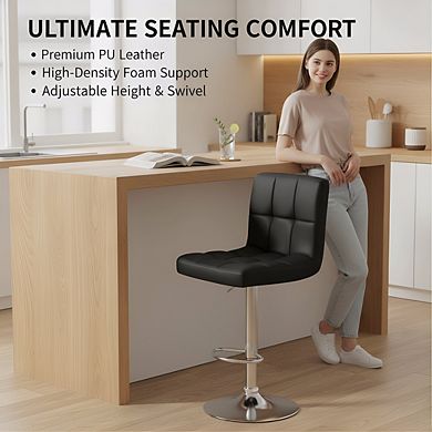 Adjustable PU Leather Swivel Bar Stool, Black with Back Footrest for Counter