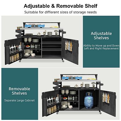 Merax Outdoor Kitchen Island with Raised Shelf, Solid Wood Storage Cabinet with Stainless Steel Top