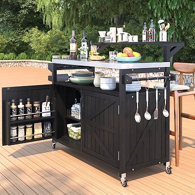 Merax Outdoor Kitchen Island with Raised Shelf, Solid Wood Storage Cabinet with Stainless Steel Top