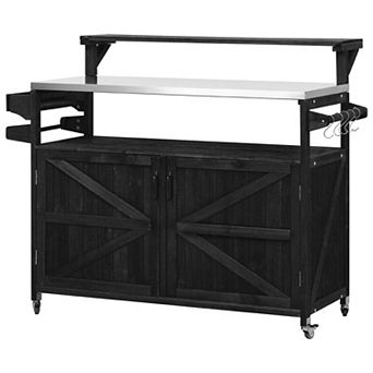 Merax Outdoor Kitchen Island with Raised Shelf, Solid Wood Storage Cabinet with Stainless Steel Top