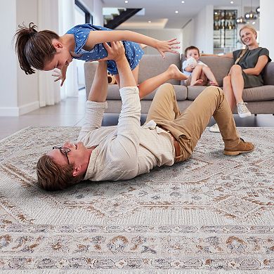 Aurora Ascent LOOM & LUXE 8x10 Cream Bordered Stain-Resistant Non-Shedding Area Rug