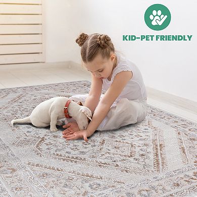 Aurora Ascent LOOM & LUXE 8x10 Cream Bordered Stain-Resistant Non-Shedding Area Rug
