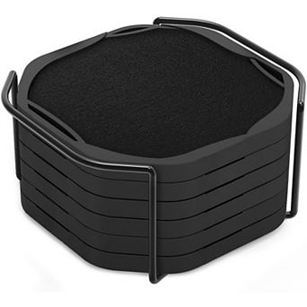 Black Felt Silicone Coasters 6 pc with Holder, Non-Stick 4" Octagon Home Decor