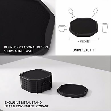Black Felt Silicone Coasters 6pc with Holder, Non-Stick 4" Octagon Home Decor
