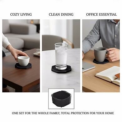 Black Felt Silicone Coasters 6pc with Holder, Non-Stick 4" Octagon Home Decor