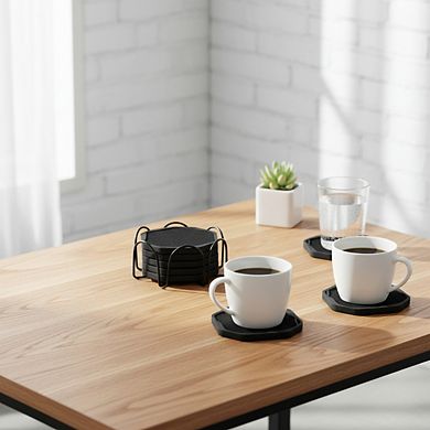 Black Felt Silicone Coasters 6pc with Holder, Non-Stick 4" Octagon Home Decor