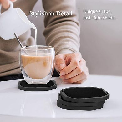 Black Felt Silicone Coasters 6pc with Holder, Non-Stick 4" Octagon Home Decor