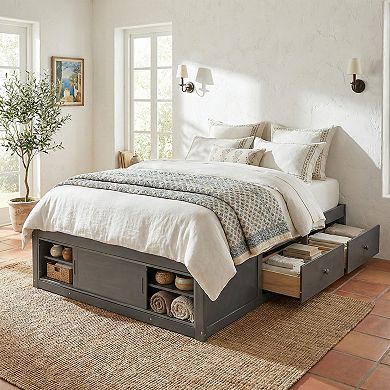 Merax Queen Size Platform Bed Frame with 4 Storage Drawers and Footboard Storage Cubby
