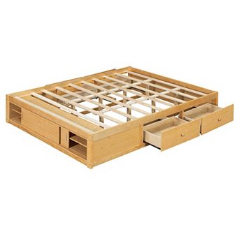 Merax Queen Size Platform Bed Frame with 4 Storage Drawers and Footboard Storage Cubby