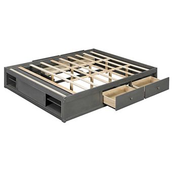 Merax Queen Size Platform Bed Frame with 4 Storage Drawers and Footboard Storage Cubby