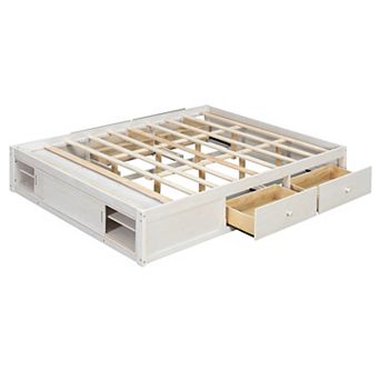 Merax Queen Size Platform Bed Frame with 4 Storage Drawers and Footboard Storage Cubby