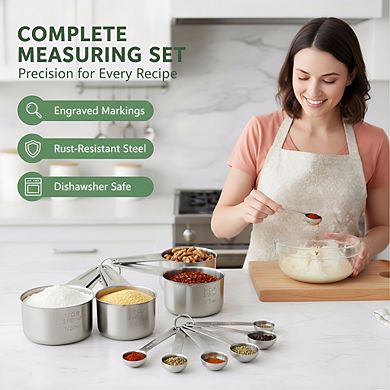 Complete 14-Piece Measuring Set, Stainless Steel with Leveler for Dry/Liquid Ingredients