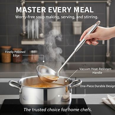 Heat-Resistant Soup Ladle 13.7", 304 Stainless Steel Ergonomic Round Handle
