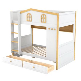 Merax Bunk Bed with House-shaped Guardrails and Storage Shelves and Drawers
