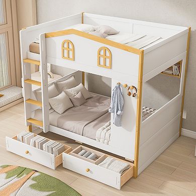 Merax Bunk Bed with House-shaped Guardrails and Storage Shelves and Drawers