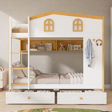 Merax Bunk Bed with House-shaped Guardrails and Storage Shelves and Drawers