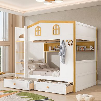 Merax Bunk Bed with House-shaped Guardrails and Storage Shelves and Drawers