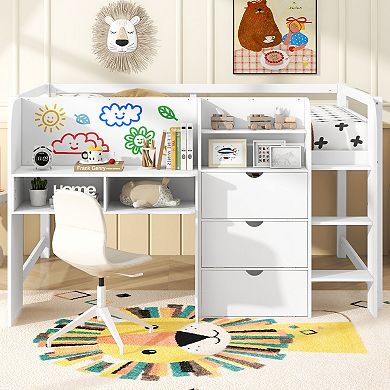 Merax Full Size Low Loft Bed with Built-in Desk,Storage Cabinets