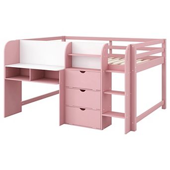Merax Full Size Low Loft Bed with Built-in Desk,Storage Cabinets