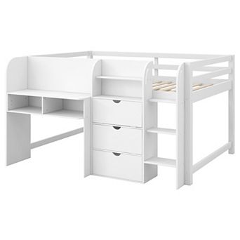 Merax Full Size Low Loft Bed with Built-in Desk,Storage Cabinets