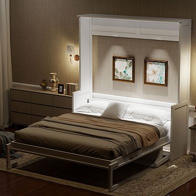 Merax Queen Size Murphy Bed with Desk,LED Lights and USB Charging Station