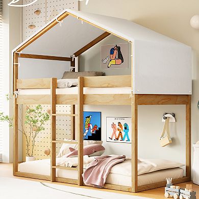 Merax Twin Over Twin Wood Bunk Bed with Tent