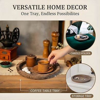 Rustic Farmhouse Wooden Tray, Round Vintage Serving Plate for Coffee Table Centerpiece