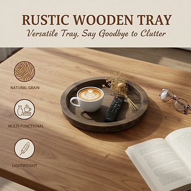 Rustic Farmhouse Wooden Tray, Round Vintage Serving Plate for Coffee Table Centerpiece